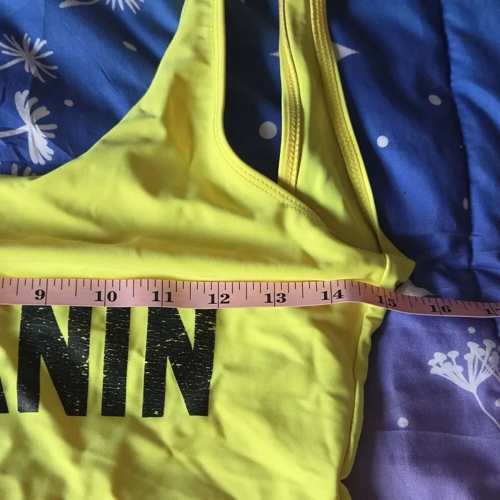 Neon Yellow Black MELANIN Logo One Piece Swimsuit Wide Straps Women's M